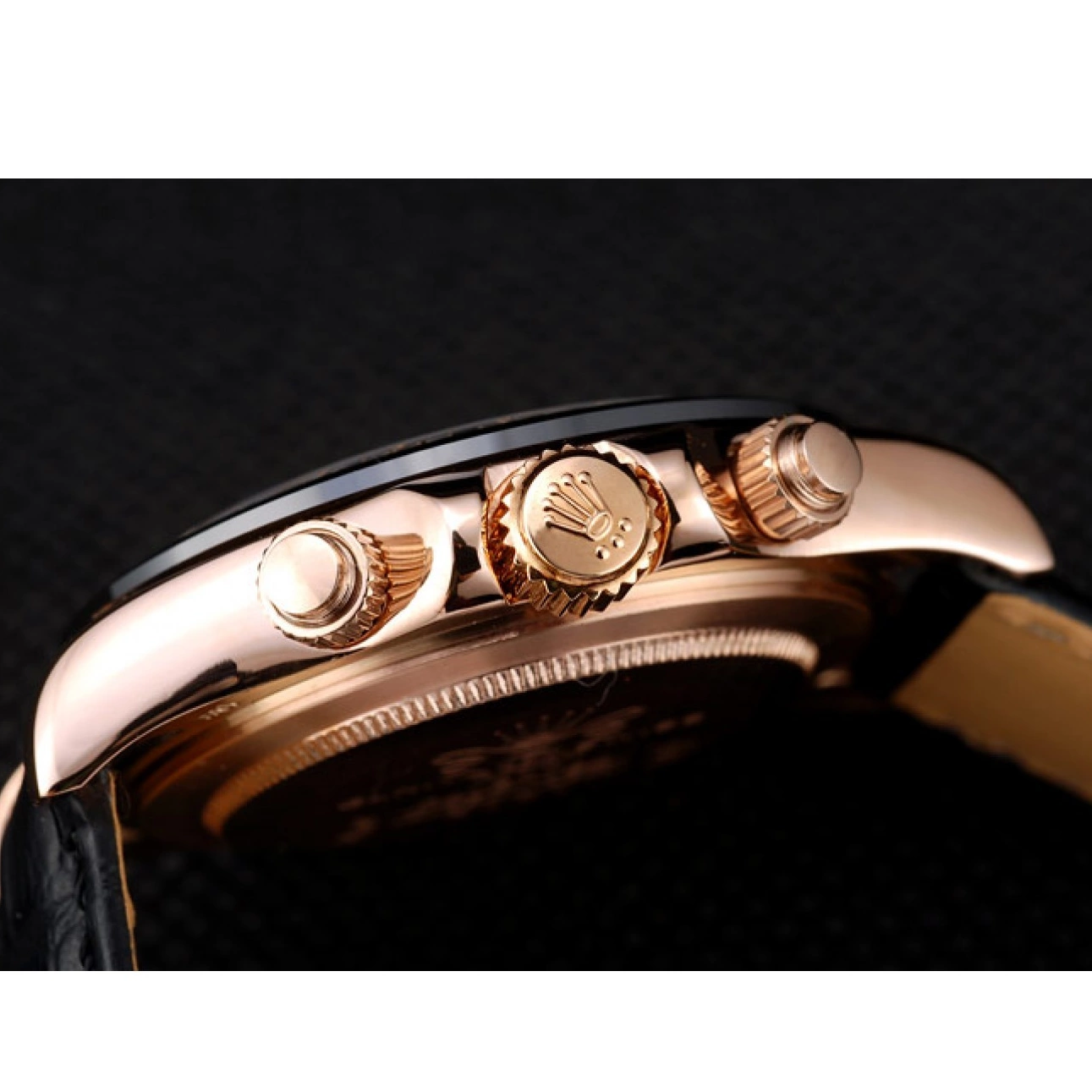 Aaa replica watch Black Black Daytona Rolex Strap Rose Gold Case Leather Dial 0609